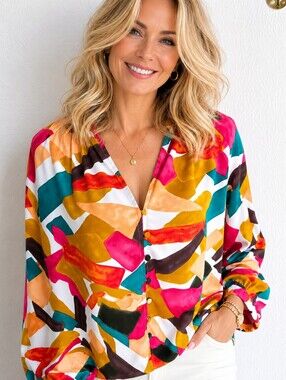 entro Multicolor Abstract Buttondown V-Neck Blouse, Wide Longsleeves, Sz Small